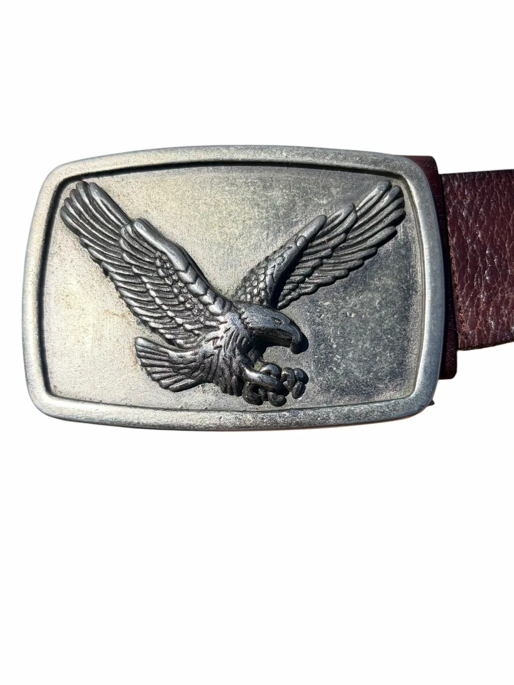 VINTAGE FOSSIL LEATHER BELT ANTIQUED PEWTER EAGLE BUCKLE BROWN 33-42” MEN